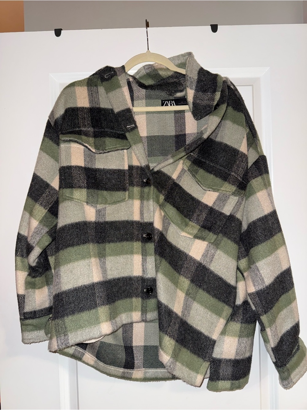 Zara Green Black Cream Plaid Utility Shacket
